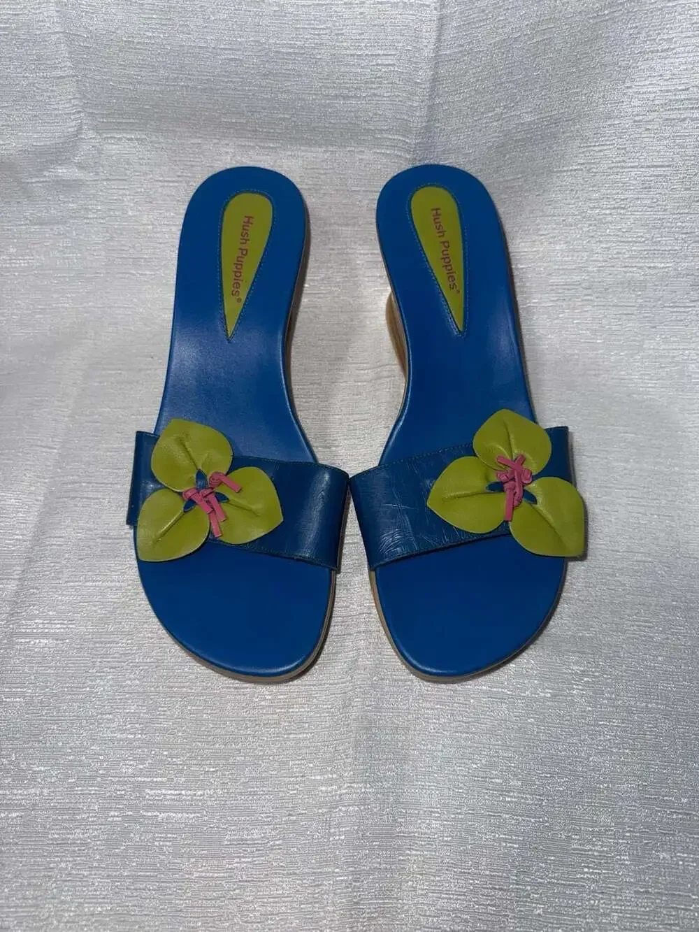 Vintage Hush Puppies Canon 59162 Leather Flower Wedge Sandals Blue Size 8M